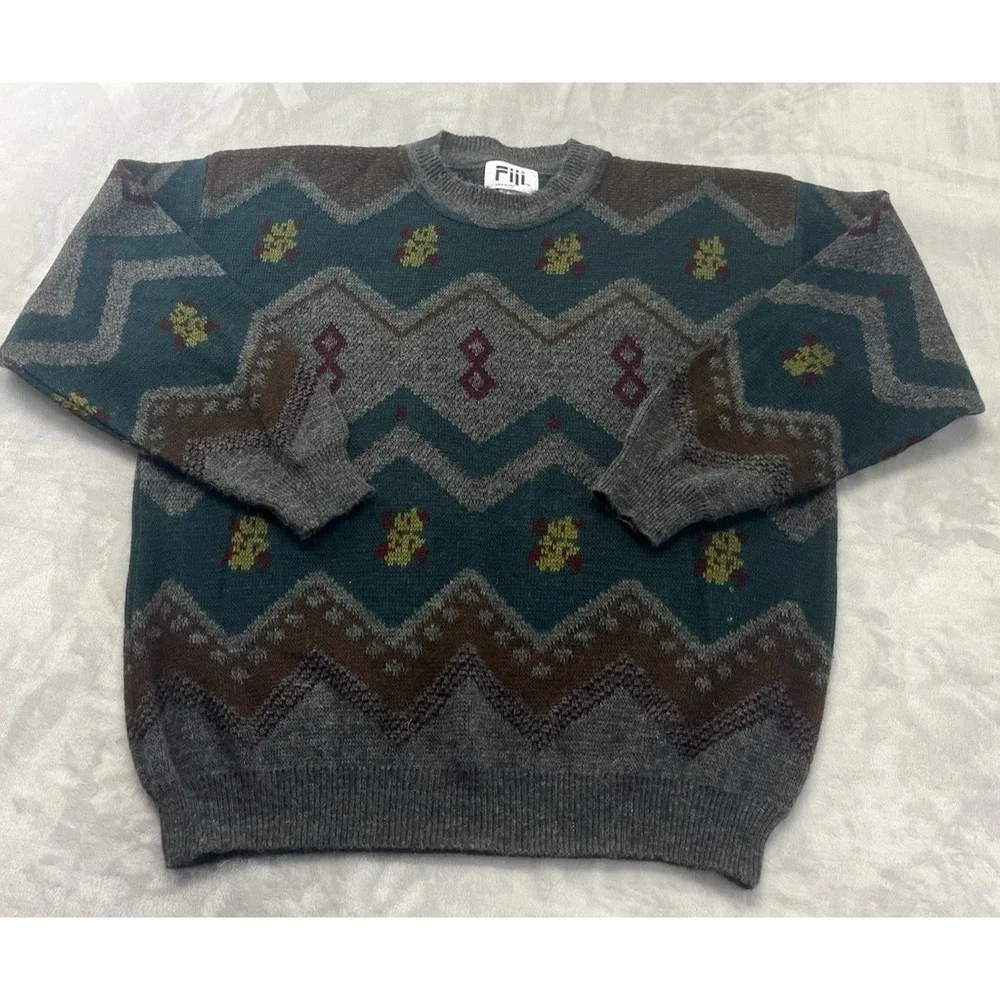 Fiii Sweater Men XL Brown Geometric Crew Neck Wool Acrylic Blend Pullover Italy